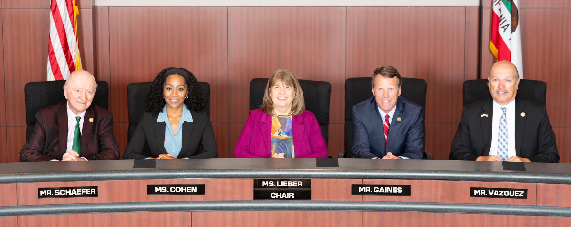 State Board of Equalization Members (from left to right): Board Member Mike Schaefer; State Controller Malia M. Cohen; Board Chair Sally J. Lieber; Board Vice Chair Ted Gaines; and Board Member Antonio Vazquez seated on the dais.