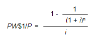 an equation showing that the present worth of one dollar per period factor is equal to 1 minus the quantity 1 over the quantity 1 plus i raised to the power n, all over i.